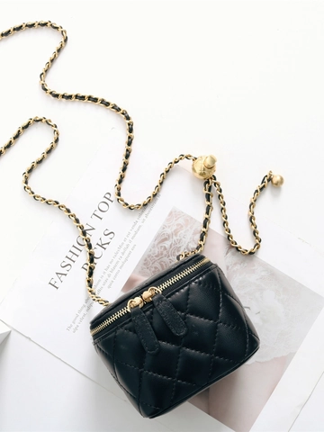 Mini Borsa A Tracolla Vera Pelle Pecora Motivo Trapuntato Catena Sfera Dorata Beauty Case Scatola Quadrata Per Donne