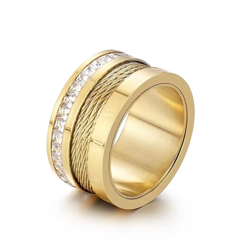Anillo De Acero Inoxidable Con Circonita Números Romanos Diseño De Cable Joyería De Moda