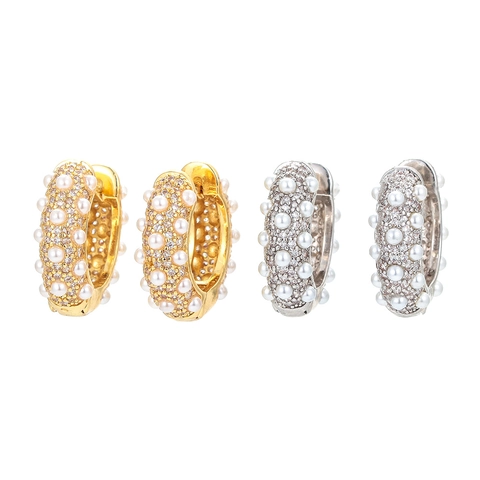 Orecchini a Cerchio in Rame Vintage per Donna Con Perla Artificiale e Zirconia Intarsiata Oro Argento Gioielli Geometrici
