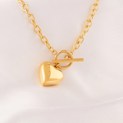 Collana Con Pendente A Cuore Placcata Oro 18K Acciaio Inossidabile Catena Grossa Chiusura A T Bijoux Donna