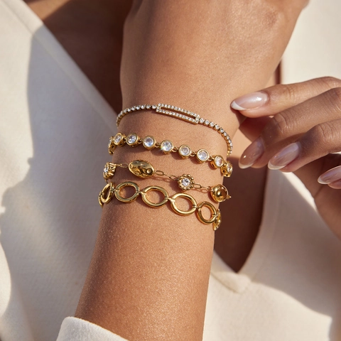 Elegant Roestvrij Stalen Armband Voor Vrouwen Verguld Zirkonia Bloem Hart Bedeltje Ketting Armband Mode Sieraden Cadeau