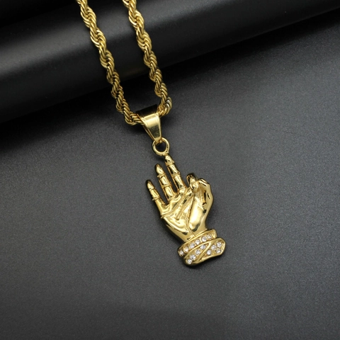 Hip Hop Hand Gesture Pendant Necklace 316 Stainless Steel 18K Gold Plated Rhinestone Fashion Jewelry
