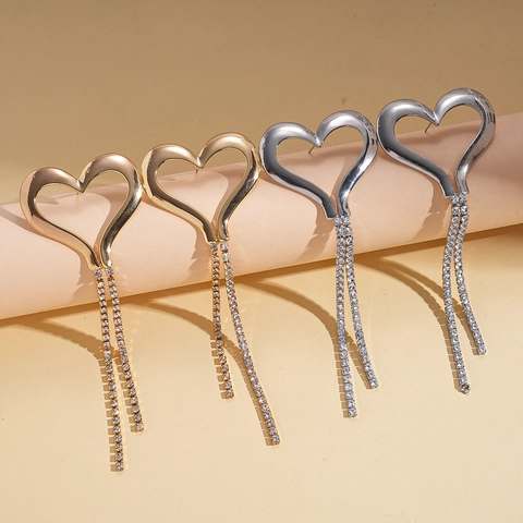 Hollow Heart Drop Earrings Alloy Rhinestone Long Tassel With 925 Sterling Silver Earring Post Statement Jewelry Women