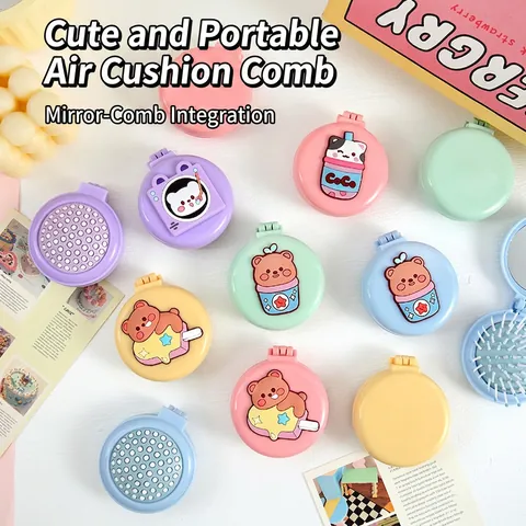 Foldable Air Cushion Hair Brush With Mirror Portable Mini Massage Comb Cute Cartoon Bear Cat Pattern Travel Beauty Tool
