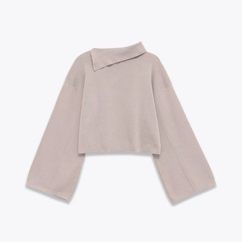 Women Knit Sweater Top Asymmetrical Neckline Flare Wide Sleeve Cropped Pullover Chic Elegant Solid Color Soft Knitwear