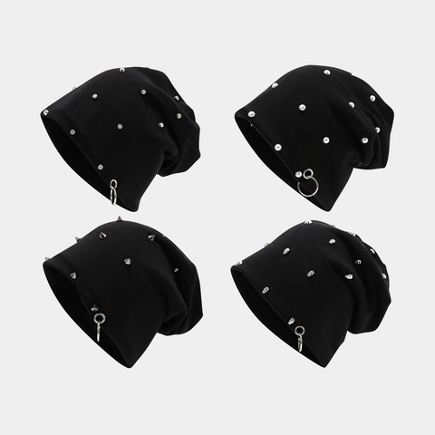 Punk Cotton Knit Beanie Hat With Metal Iron Rings And Rivets Hip Hop Streetwear Warm Gothic Skull Cap For Men Women
