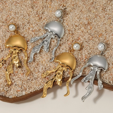 Quallen-Ohrhänger Aus Edelstahl Mit Künstliche Perle PVD-Vergoldet Ozean-Serie Hochwertiger Schmuck Für Damen
