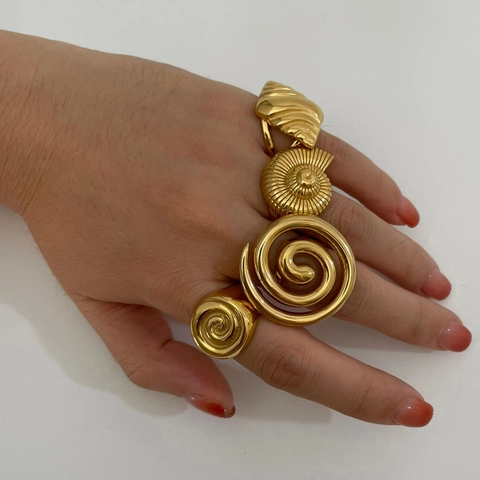 Vintage Stainless Steel Ring 18K Gold Plated Conch Shell Spiral Shape Geometric Statement Jewelry For Women