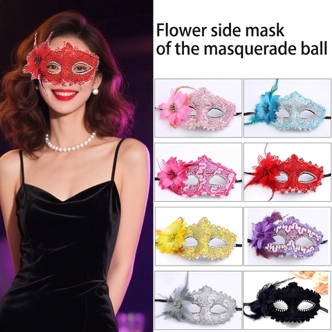 Elegant Lace Masquerade Mask With Feather Flower Rhinestone Half Face Princess Party Cosplay For Women Girls