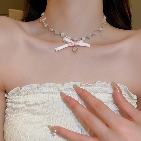 Gargantilla De Cuentas Con Lazo Rosa Colgante De Corazón Perla Artificial Sintética Estrella Acrílico Ojo De Gato Joyería Dulce