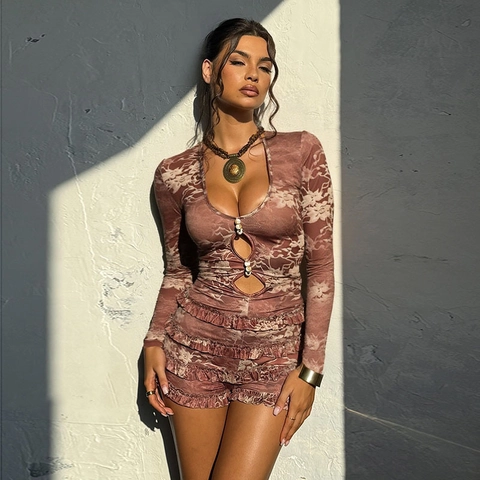 Romper Mit Blumendruck Langarm Tiefer V-Ausschnitt Hohlsaum Rüschen Künstliche Perlenknöpfe Braun Polyester Sexy Jumpsuit Für Damen
