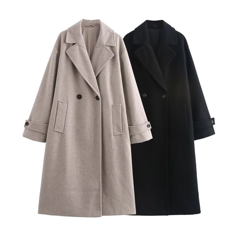 Women Long Woolen Overcoat Elegant Lapel Collar Loose Fit Warm Solid Color Hepburn Style Outerwear