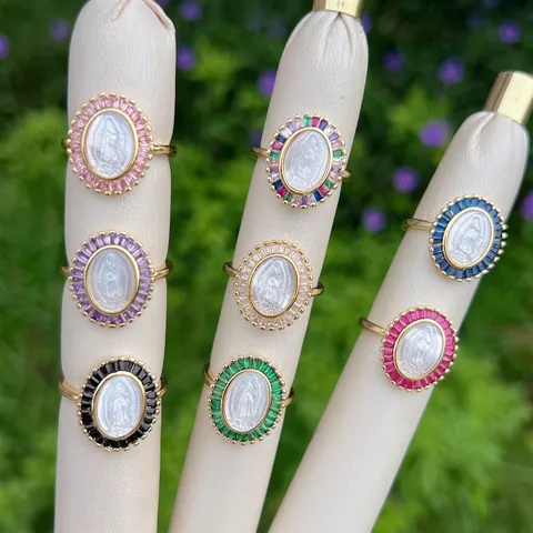Retro Copper 18K Gold Plated Religious Virgin Mary Adjustable Open Ring Multi Color Zirconia Shell Inlaid Jewelry For Women