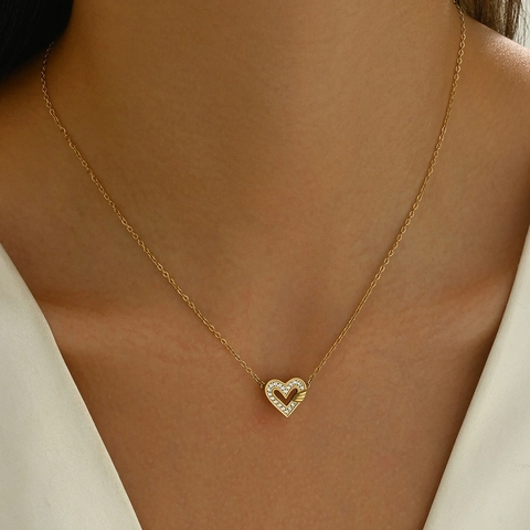 Elegante Edelstahl Halskette Mit Hohlem Herzanhänger Für Damen Gold Roségold Silber Strass Gliederkette Schmuck