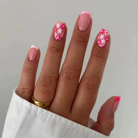 Unghie Finte In Plastica ABS Press On French Tip Rosa Bianco Motivo Floreale Forma Quadrata Stile Dolce Donne