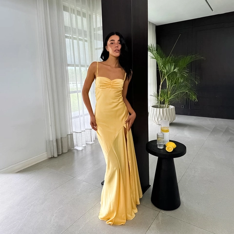 Satin Maxi Dress Spaghetti Strap High Slit Pleated Bust Backless Slim Fit Evening Party Gown For Women