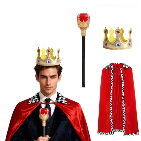 Cape De Roi Royal Couronne Sceptre Accessoires De Costume Velours Bordure Mouchetée Halloween Cosplay Props Enfants Adultes