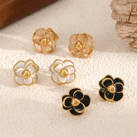 Camellia Flower Stud Earrings Stainless Steel Enamel Oil Drop Vintage French Style Elegant Fashion Women
