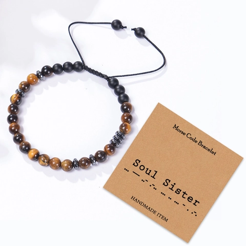 Soul Sister Morse Code Bracelet Natural Tiger Eye Stone Matte Beads Handmade Adjustable Braided Cord Jewelry Gift