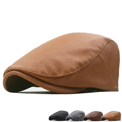 Herren Schiebermütze Kunstleder Litschistruktur Retro Ivy Cap Winddicht Warm Newsboy Hut Für Herbst Winter