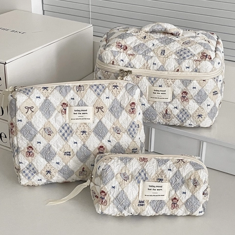 Set Borse Da Toilette In Cotone Trapuntato Orsetto Fiocco Motivo A Rombi Organizzatore Da Viaggio Portatile