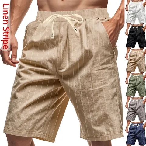 Men Casual Shorts Linen Blend Vertical Striped Elastic Drawstring Waist Summer Beach Fashion Breathable Bottoms