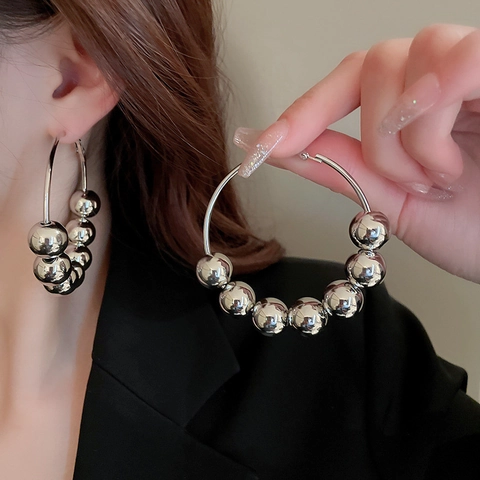 Übergroße Metallperlen Creolen Mit Silber Ohrstecker Legierung Geometrischer Statement Schmuck Für Damen