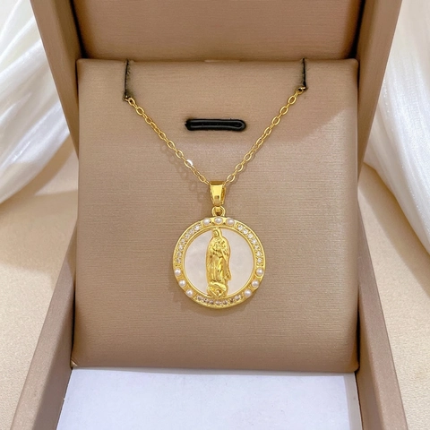 Collier Pendentif Vierge Marie Chaîne Acier Inoxydable Cuivre Zircon Coquillage Künstliche Perle Bijoux Religieux Élégant Pour Femme
