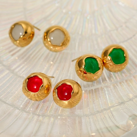 Round Stud Earrings Stainless Steel PVD Gold Plated Hammered Texture Inlaid Resin Retro Sweet Style Jewelry For Women