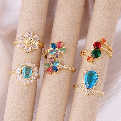 Anillo Abierto Ajustable De Latón Chapado En Oro Con Circonita Cúbica Colorida Flor Pera Gota Agua Joyería Tendencia Exagerada
