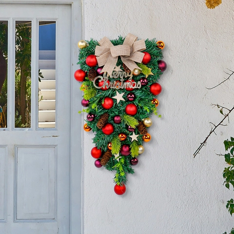 Decoración Navideña Teardrop Swag Simulación Agujas De Pino Piña De Pino Lazo De Lino Ornamento De Puerta Pared