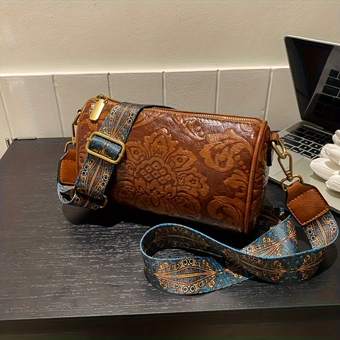 Vintage Embossed Floral Barrel Bag PU Leather Boston Handbag With Wide Ethnic Pattern Strap For Women Shoulder Crossbody