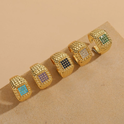 Vintage Geometrischer Quadratischer Zirkonia Offener Ring Luxus Geflochtene Textur Gold Beschichtet Kupfer Verstellbarer Ring Damen