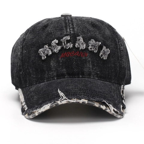 Washed Denim Baseball Cap Distressed Ripped Cotton 3D Letter Embroidery Leopard Print Brim Vintage Streetwear Adjustable