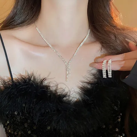 Collana E Orecchini Con Nappine In Zircone Rame Tono Argento Lusso Girocollo A Forma Di Y Eleganti Gioielli Da Sposa