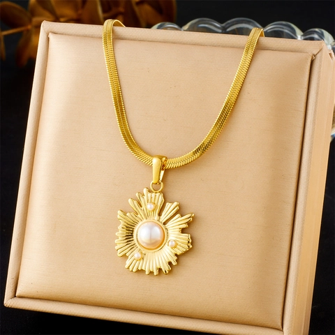 Stainless Steel Sunflower Pendant Necklace With Freshwater Pearl Gold Plated Snake Bone Chain Vintage Irregular Jewelry