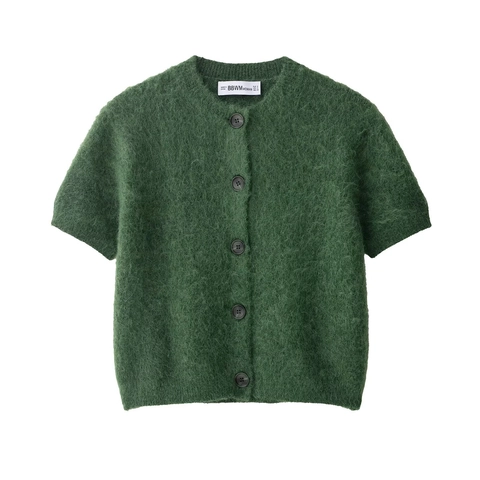 Cardigan De Punto De Manga Corta Para Mujer Cuello Redondo Verde Solido Estilo Mohair