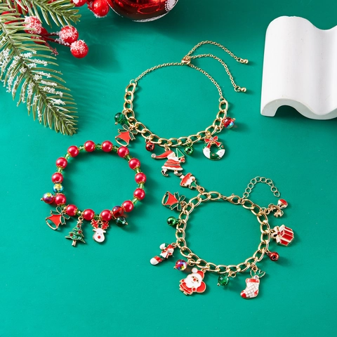Bracciale Con Ciondoli Natalizi Lega Smalto Babbo Natale Renna Campanellino Gioielli Con Perline Regolabili Per Festa Donne