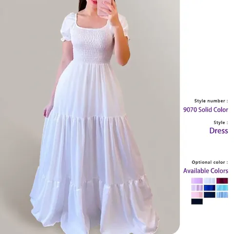 Women Smocked Tiered Maxi Dress Puff Sleeve Off Shoulder Square Neck Polyester Solid Color Vacation Summer Boho Gown