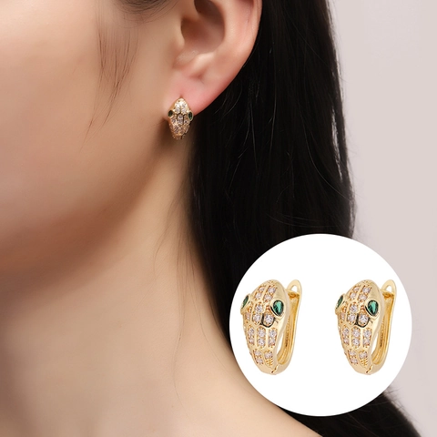 European Fashion Snake Head Hoop Earrings Gold Silver Plated Copper Rhinestone Green Eye Animal Stud Ear Buckle Jewelry For Women