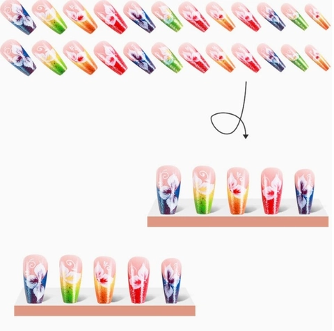 Press On Nails Long Coffin Gradient Colorful White Floral Pattern Glitter Finish Artificial Nail Tips For Women