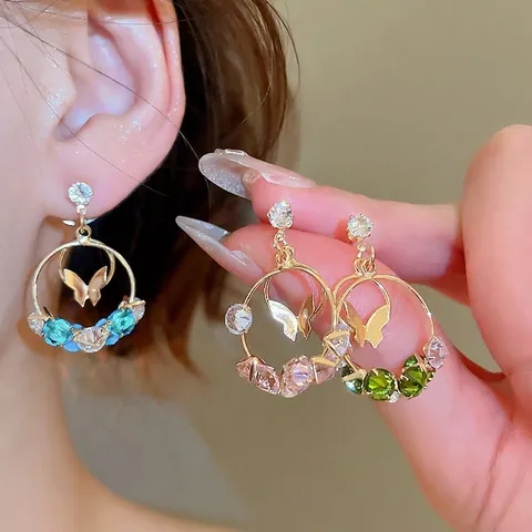 Elegant Butterfly Round Drop Earrings Copper With Silver Earring Post And Colorful Zircon Inlaid Jewelry For Women