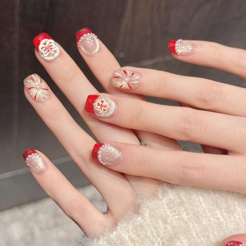 Handmade Press On Nails 3D Lion Dance Chinese New Year Red Gold Glitter Faux Artificial Pearl Artificial Fake Nails For Women