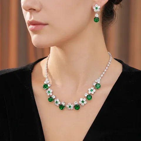 Luxury Floral Jewelry Set Copper Zircon Necklace Earrings Elegant Round Gemstone Palace Style Women Wedding Party Accessory