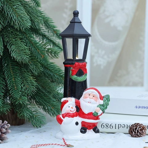 Christmas LED Decorative Lamp Ornament Santa Claus Snowman Figurine Resin Ceramic Vintage Street Light Desktop Decor Holiday Gift