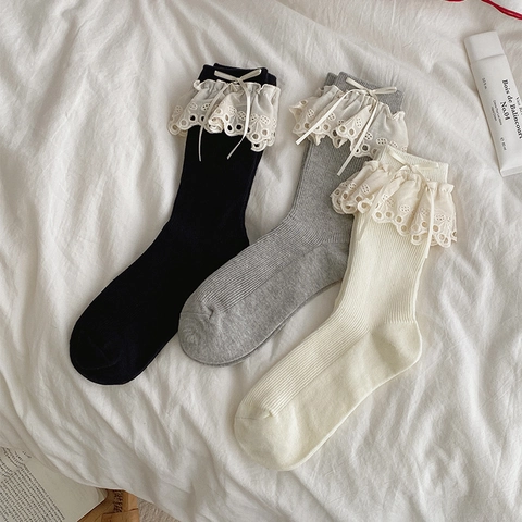 Calcetines Media Pantorrilla Mujer Algodón Canalé Con Ribete Encaje Y Lazo Estilo Lolita Ballet Dulce Tendencia