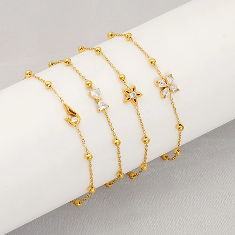 Elegant Stainless Steel Bracelet With 18K Gold Plated Beaded Chain And Zircon Butterfly Flower Pendants For Women
