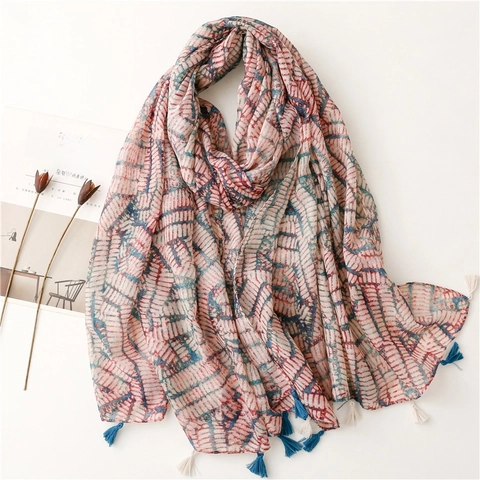 Elegant Ethnic Geometric Print Voile Scarf With Tassels Lightweight Long Shawl For Women National Style