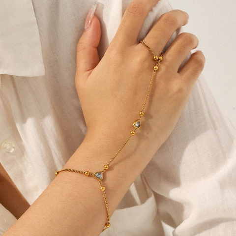 Hart Zirkoon Vinger Ring Armband Roestvrij Staal Verguld Handrug Ketting Elegante Sieraden Voor Vrouwen