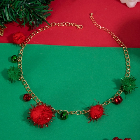 Christmas Bell Necklace Alloy Red Green Pom Poms Bow Pendant Clavicle Chain Holiday Jewelry Women